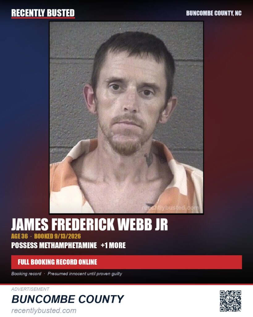 JAMES FREDERICK WEBB JR — arrest record card, Buncombe County, North Carolina