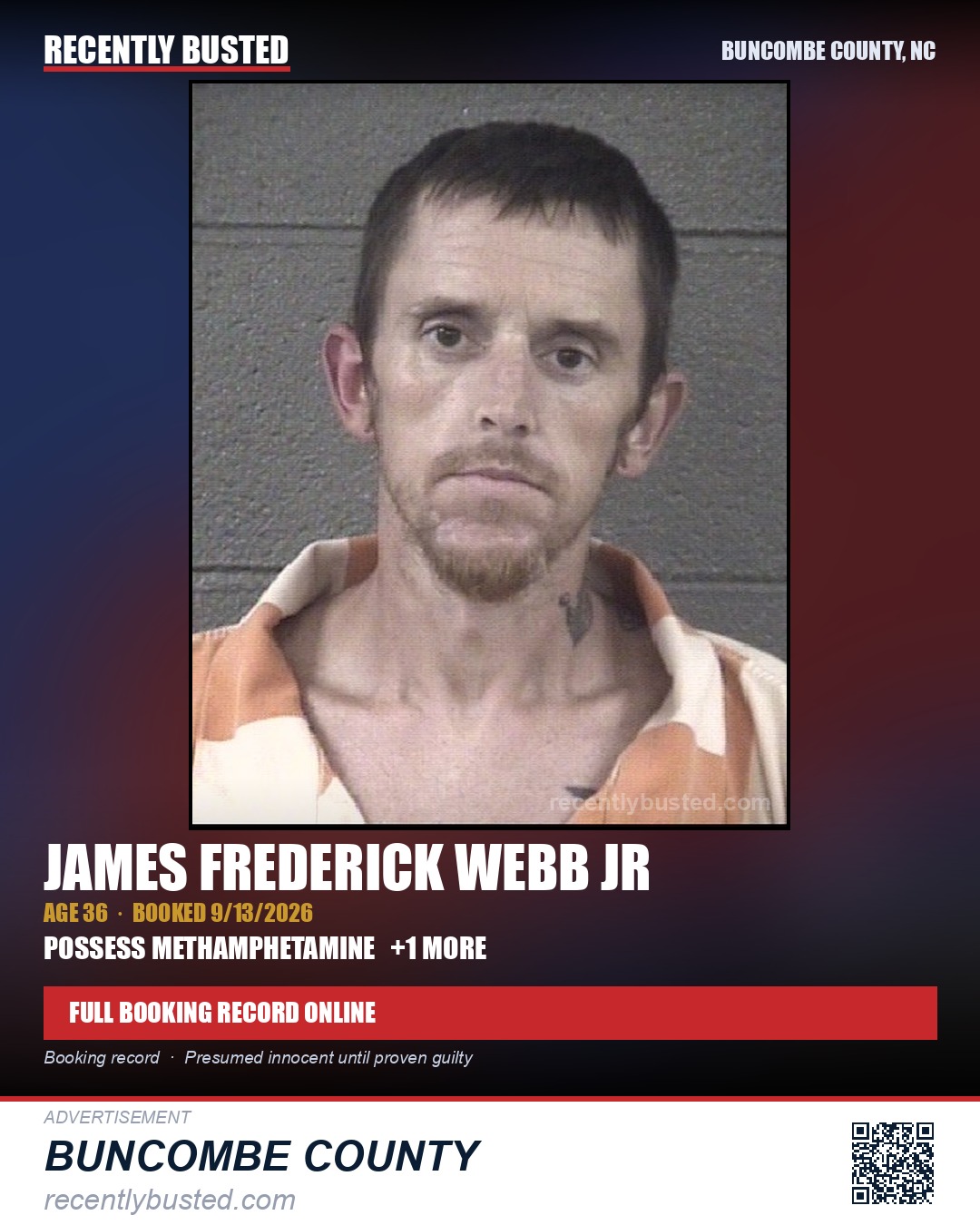 JAMES FREDERICK WEBB JR — arrest record card, Buncombe County, North Carolina