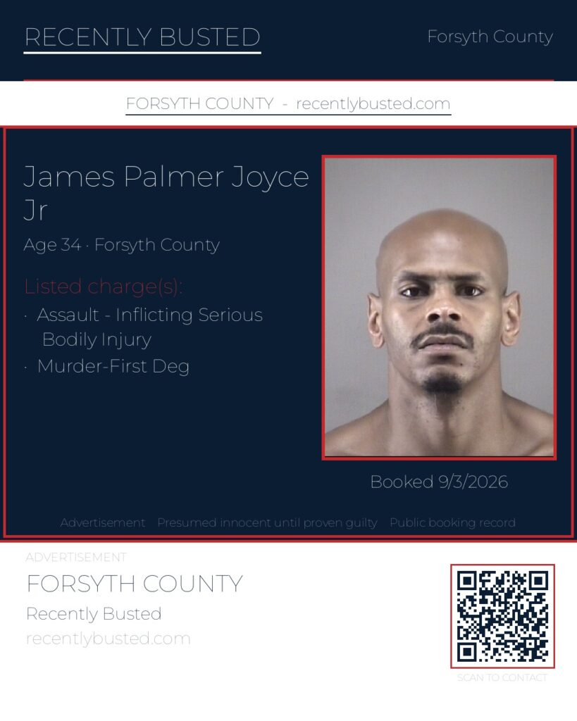 JAMES PALMER JOYCE JR — arrest record card, Forsyth County, North Carolina