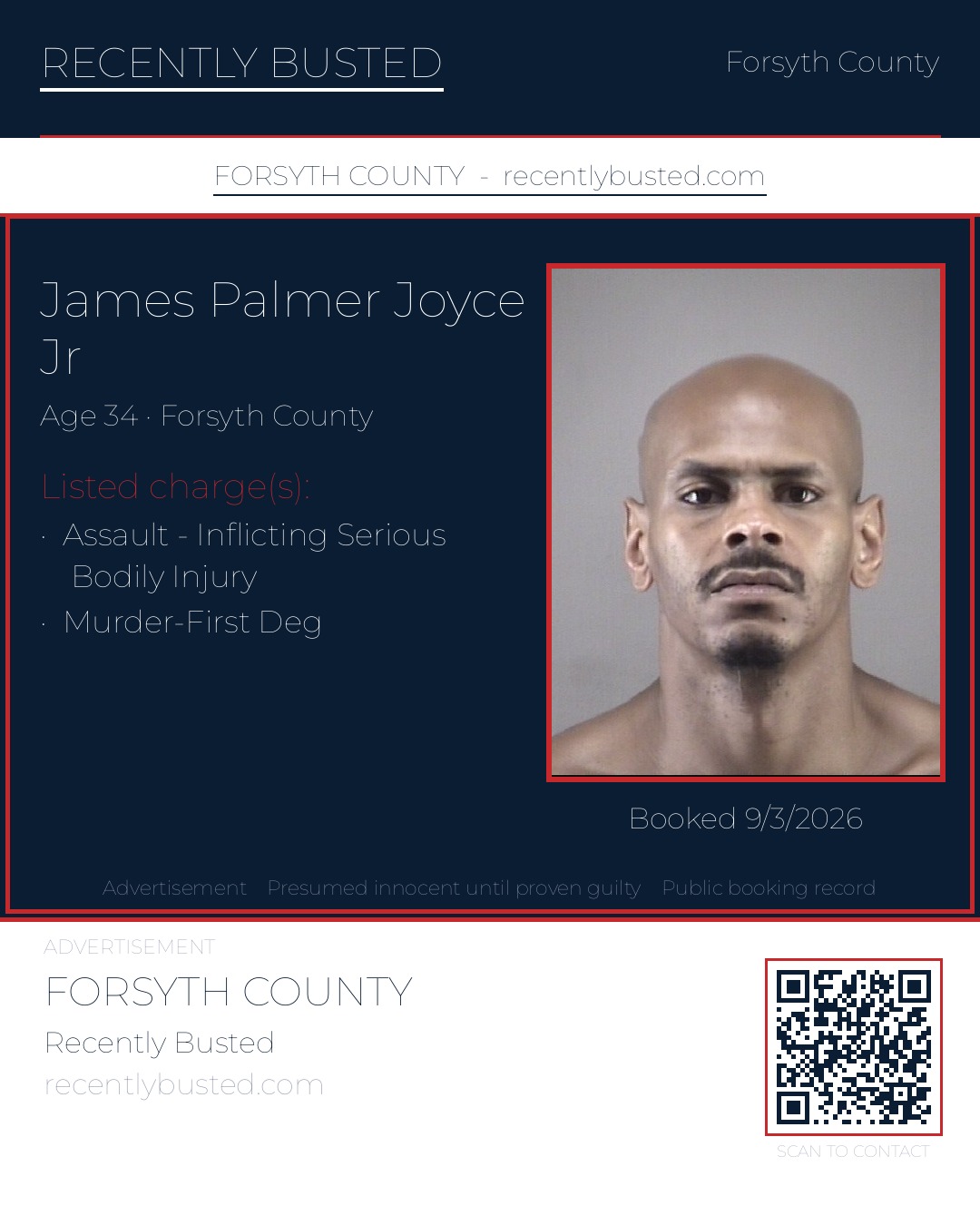 JAMES PALMER JOYCE JR — arrest record card, Forsyth County, North Carolina