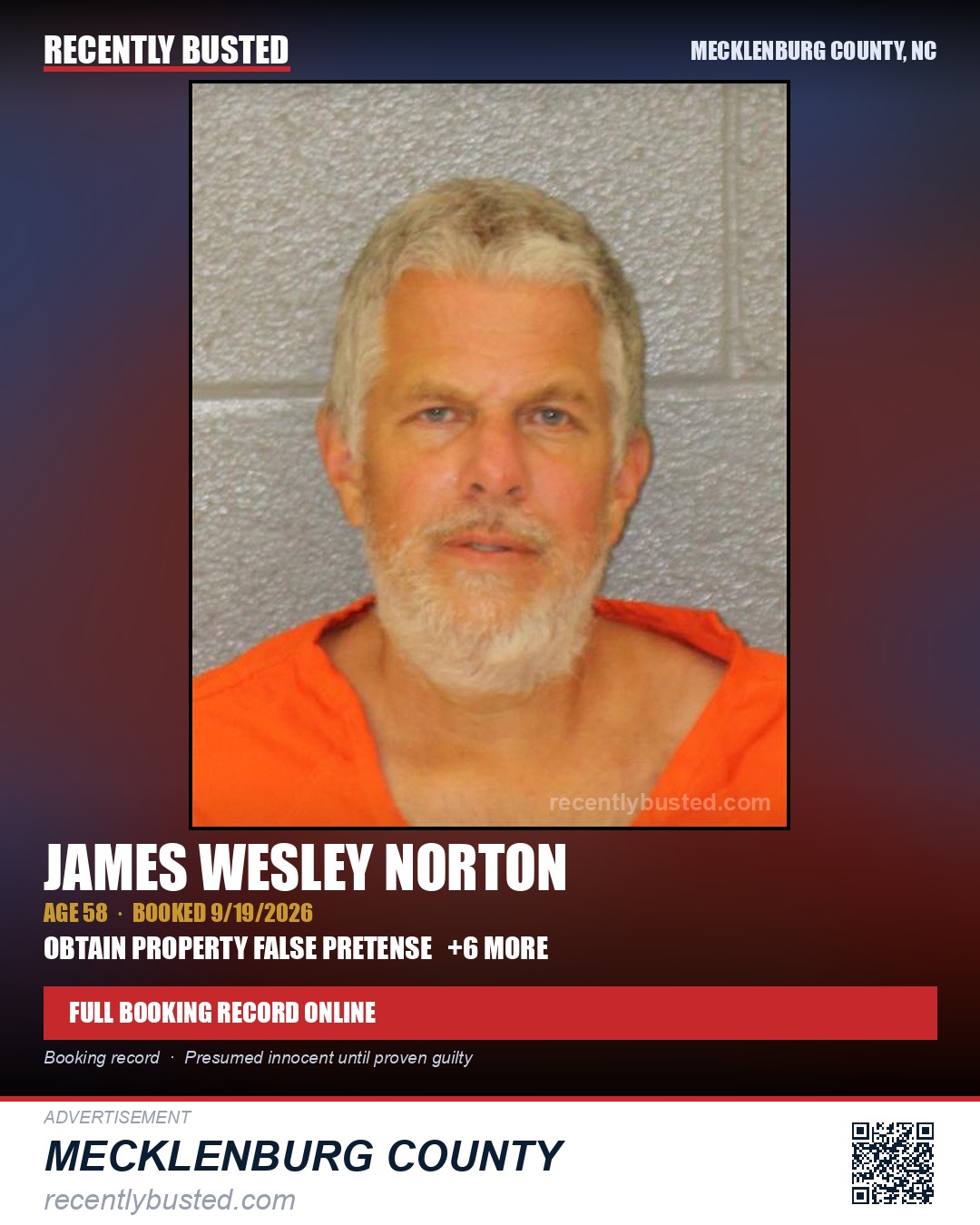 JAMES WESLEY NORTON — arrest record card, Mecklenburg County, North Carolina