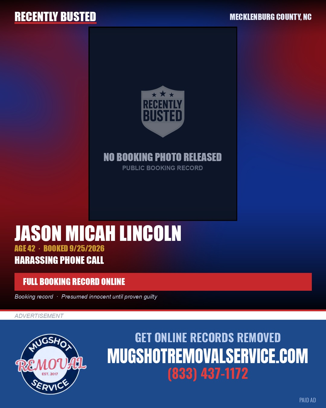 JASON MICAH LINCOLN — arrest record card, Mecklenburg County, North Carolina