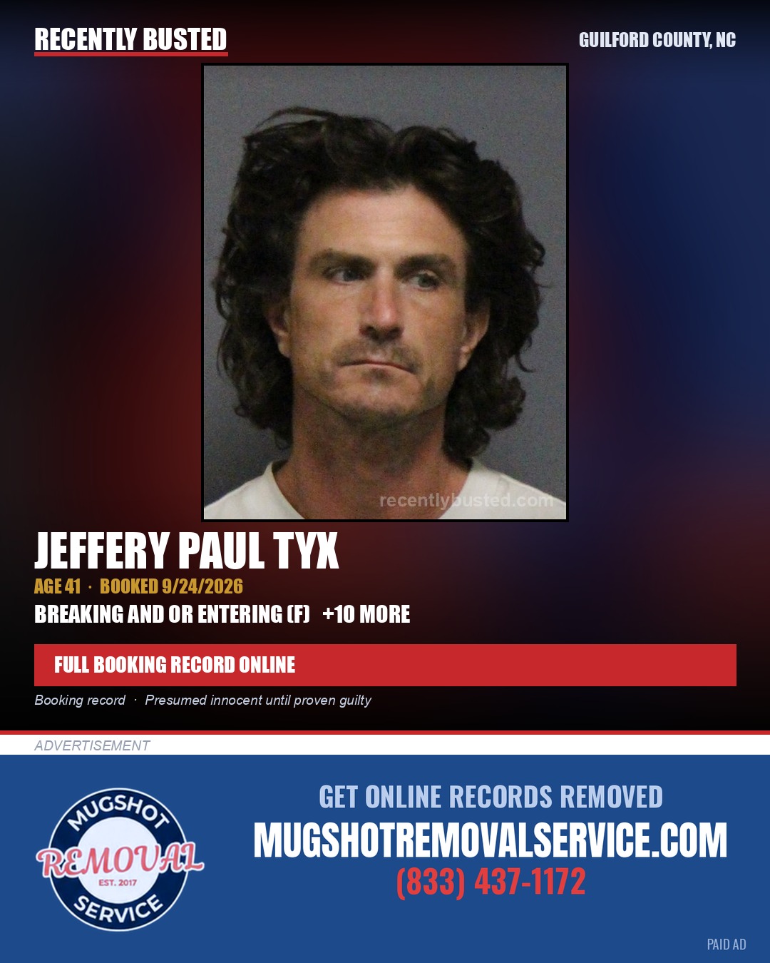 JEFFERY PAUL TYX — arrest record card, Guilford County, North Carolina