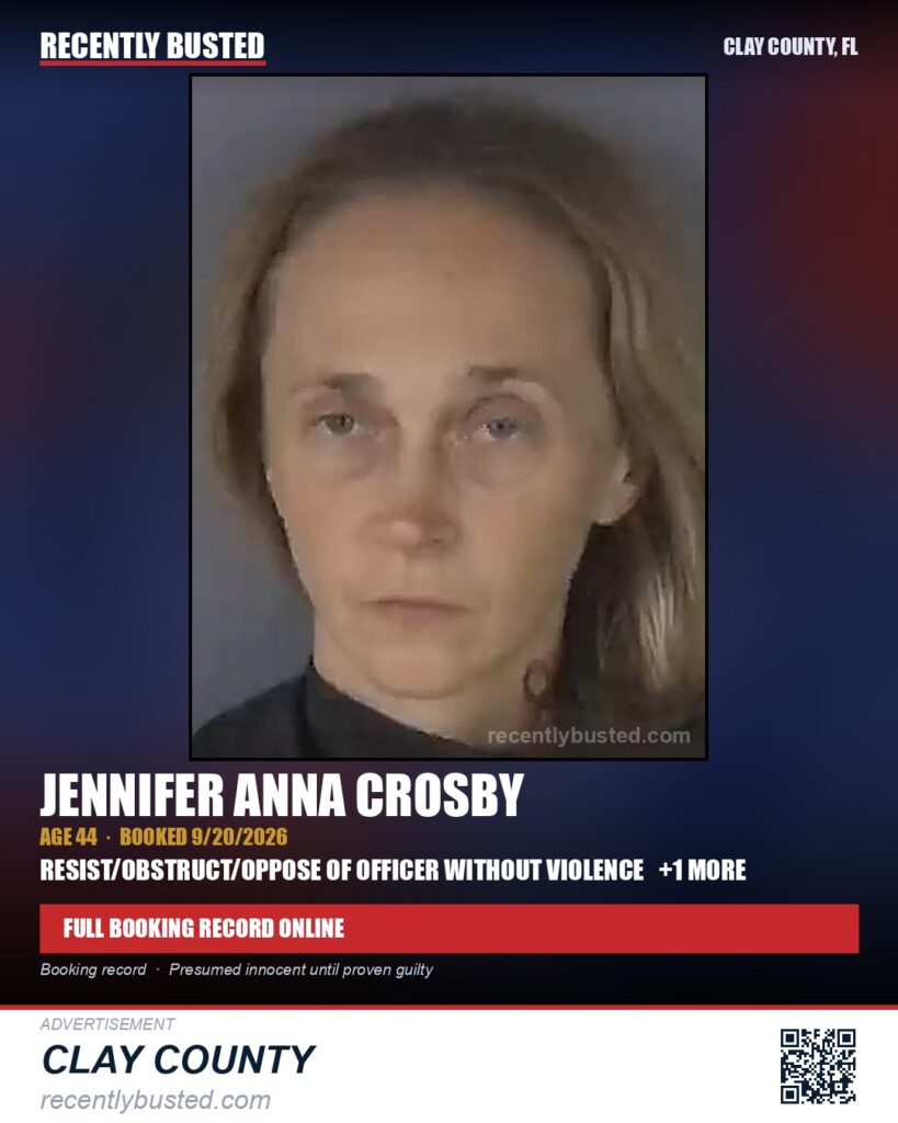 JENNIFER ANNA CROSBY — arrest record card, Clay County, Florida