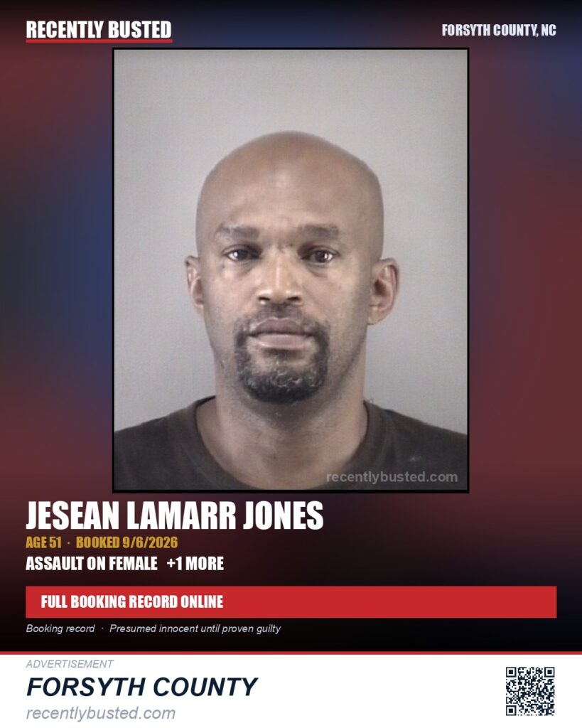 JESEAN LAMARR JONES — arrest record card, Forsyth County, North Carolina