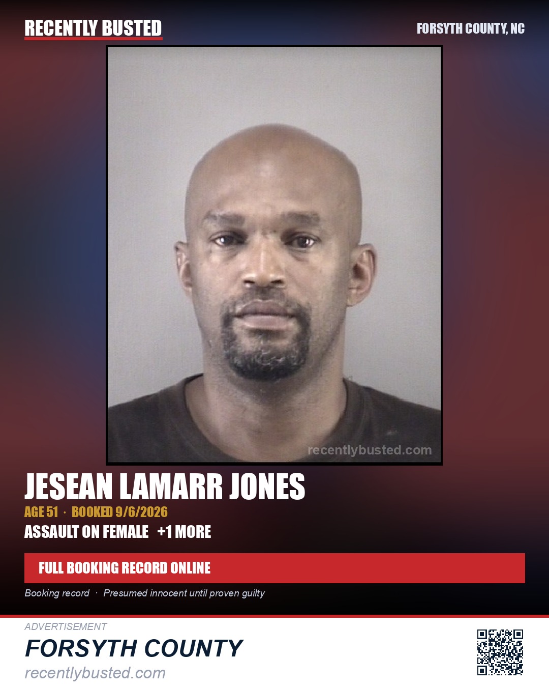 JESEAN LAMARR JONES — arrest record card, Forsyth County, North Carolina