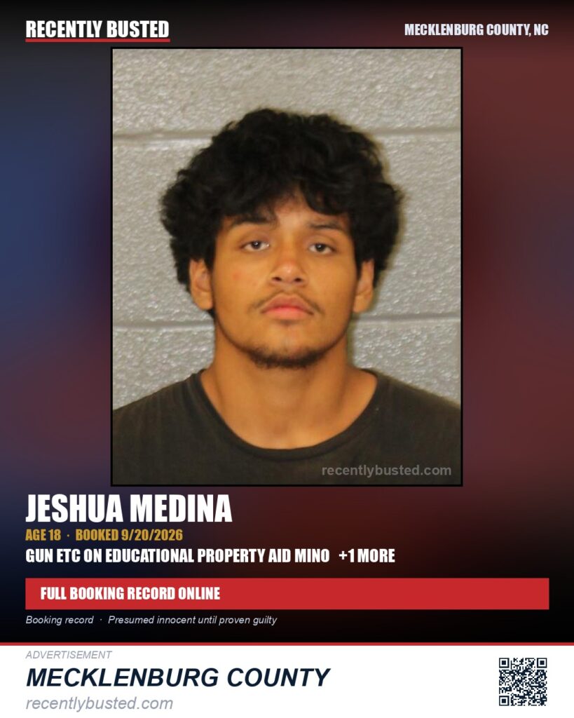 JESHUA MEDINA — arrest record card, Mecklenburg County, North Carolina