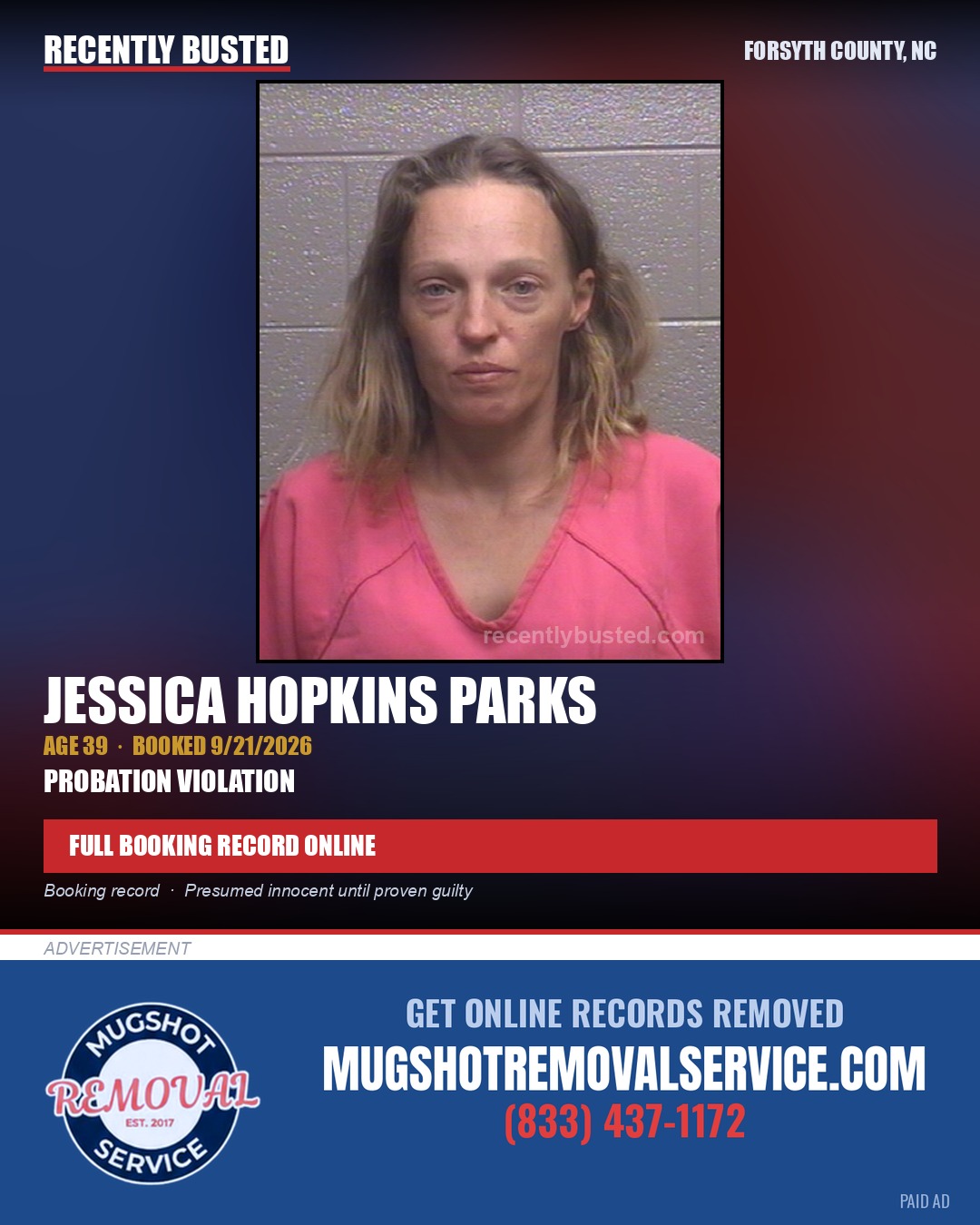 JESSICA HOPKINS PARKS — arrest record card, Forsyth County, North Carolina