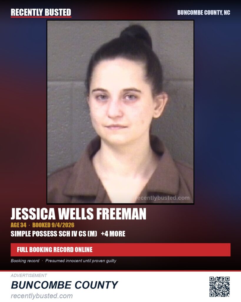 JESSICA WELLS FREEMAN — arrest record card, Buncombe County, North Carolina