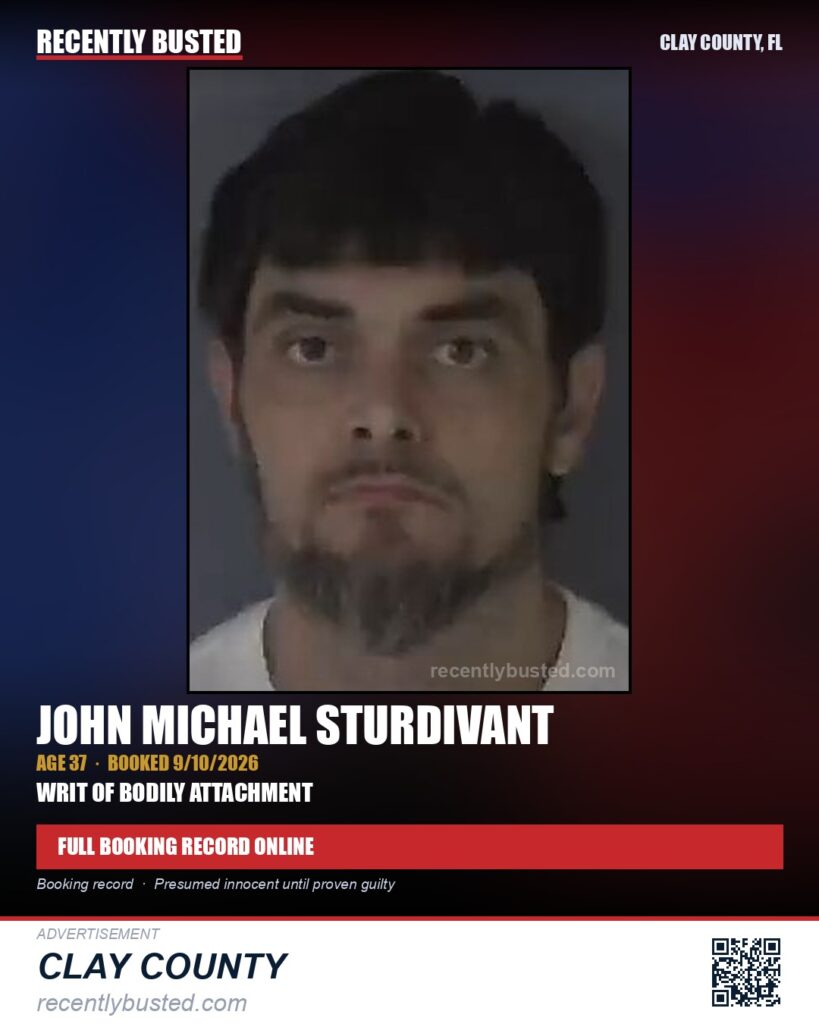 JOHN MICHAEL STURDIVANT — arrest record card, Clay County, Florida