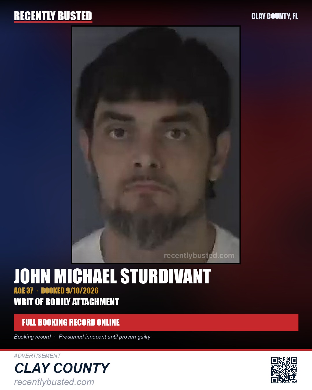JOHN MICHAEL STURDIVANT — arrest record card, Clay County, Florida
