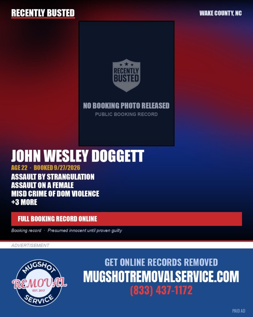JOHN WESLEY DOGGETT — arrest record card, Wake County, North Carolina