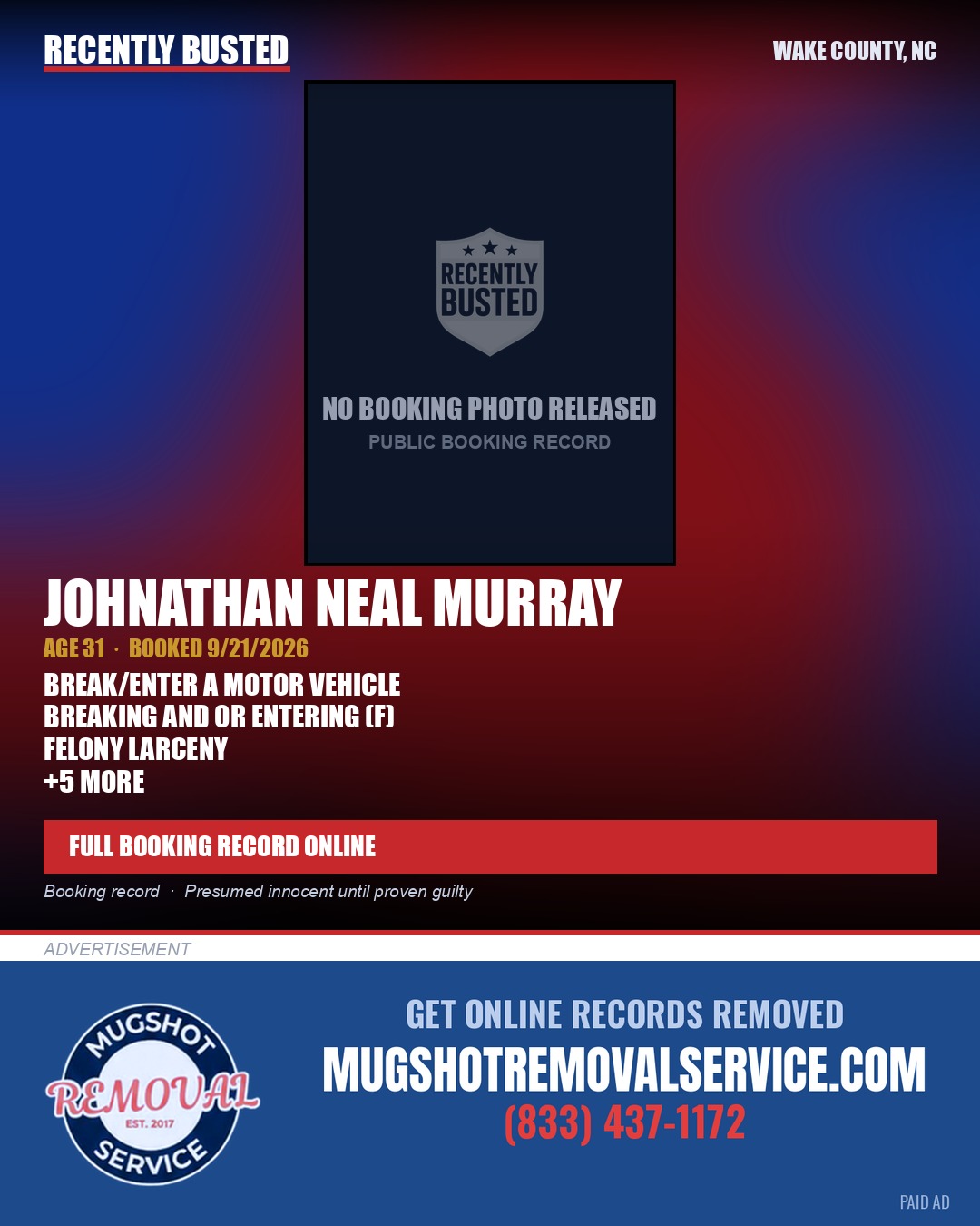 JOHNATHAN NEAL MURRAY — arrest record card, Wake County, North Carolina