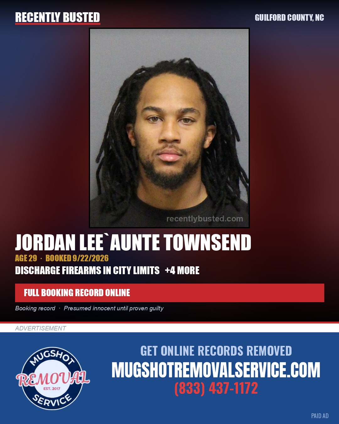 JORDAN LEE`AUNTE TOWNSEND — arrest record card, Guilford County, North Carolina