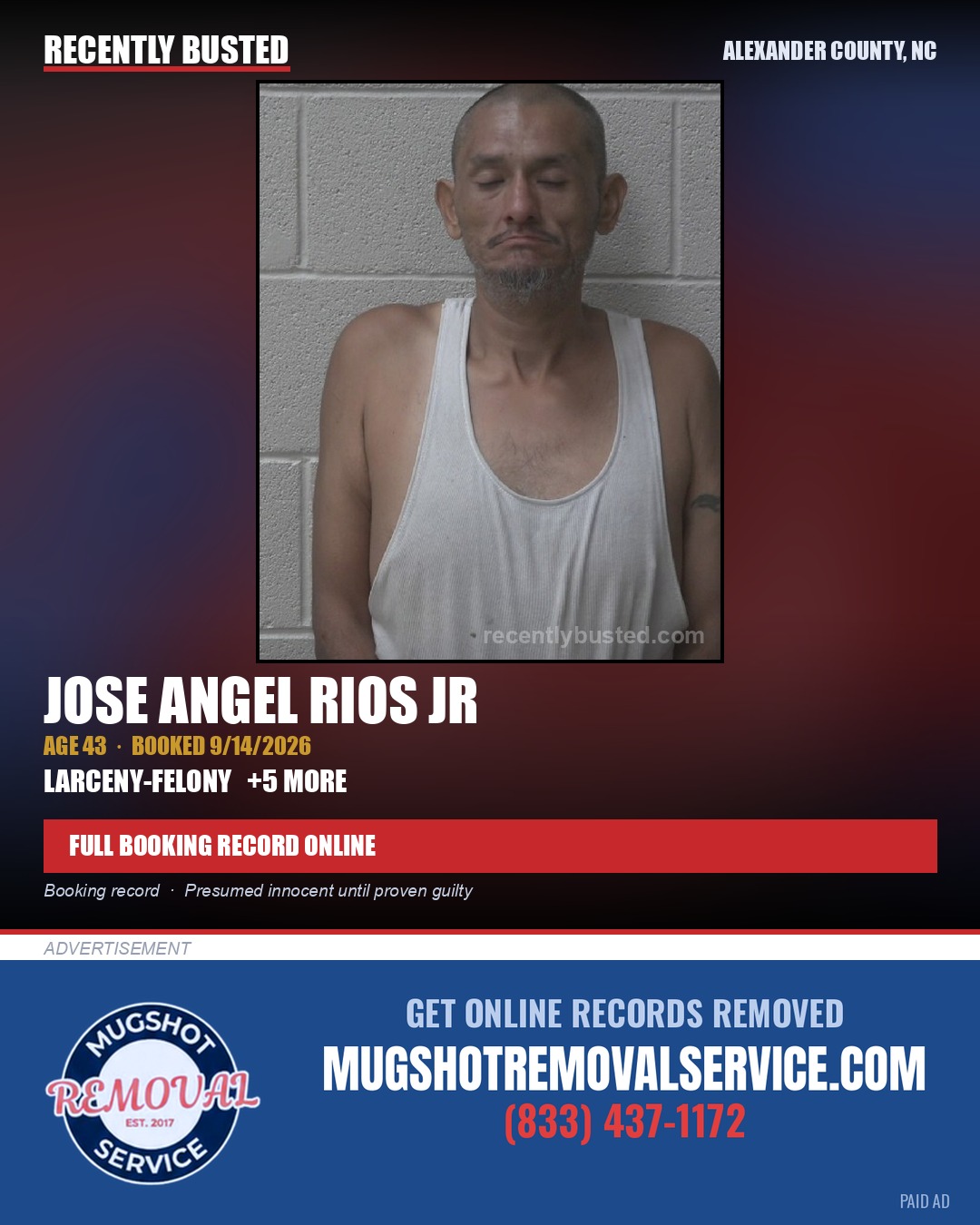 JOSE ANGEL RIOS JR — arrest record card, Alexander County, North Carolina