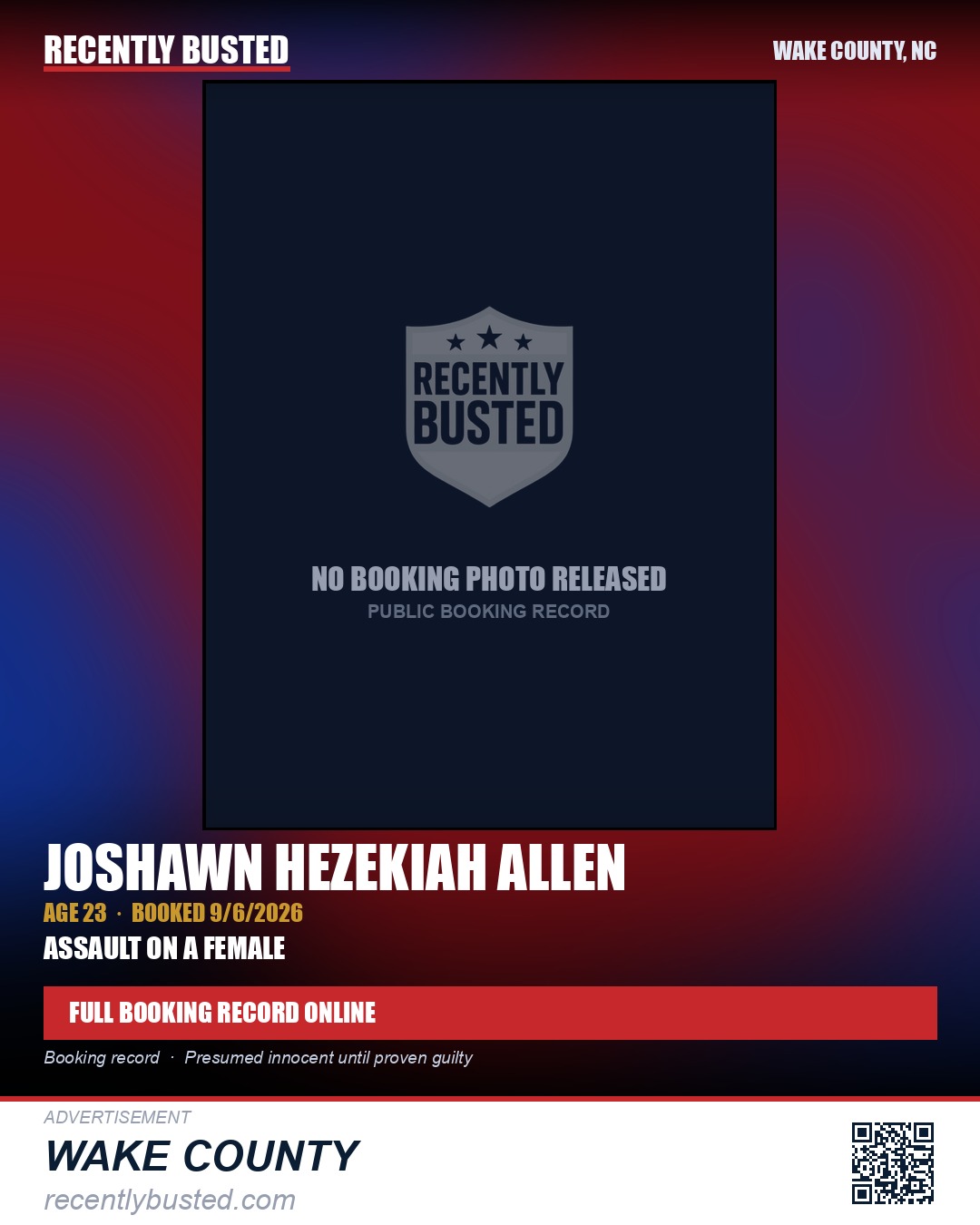 JOSHAWN HEZEKIAH ALLEN — arrest record card, Wake County, North Carolina