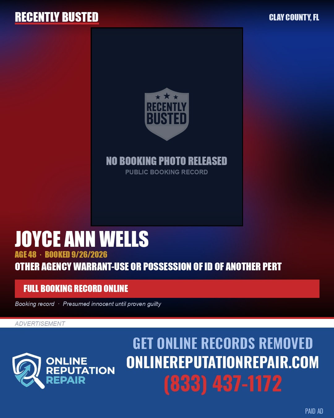 JOYCE ANN WELLS — arrest record card, Clay County, Florida
