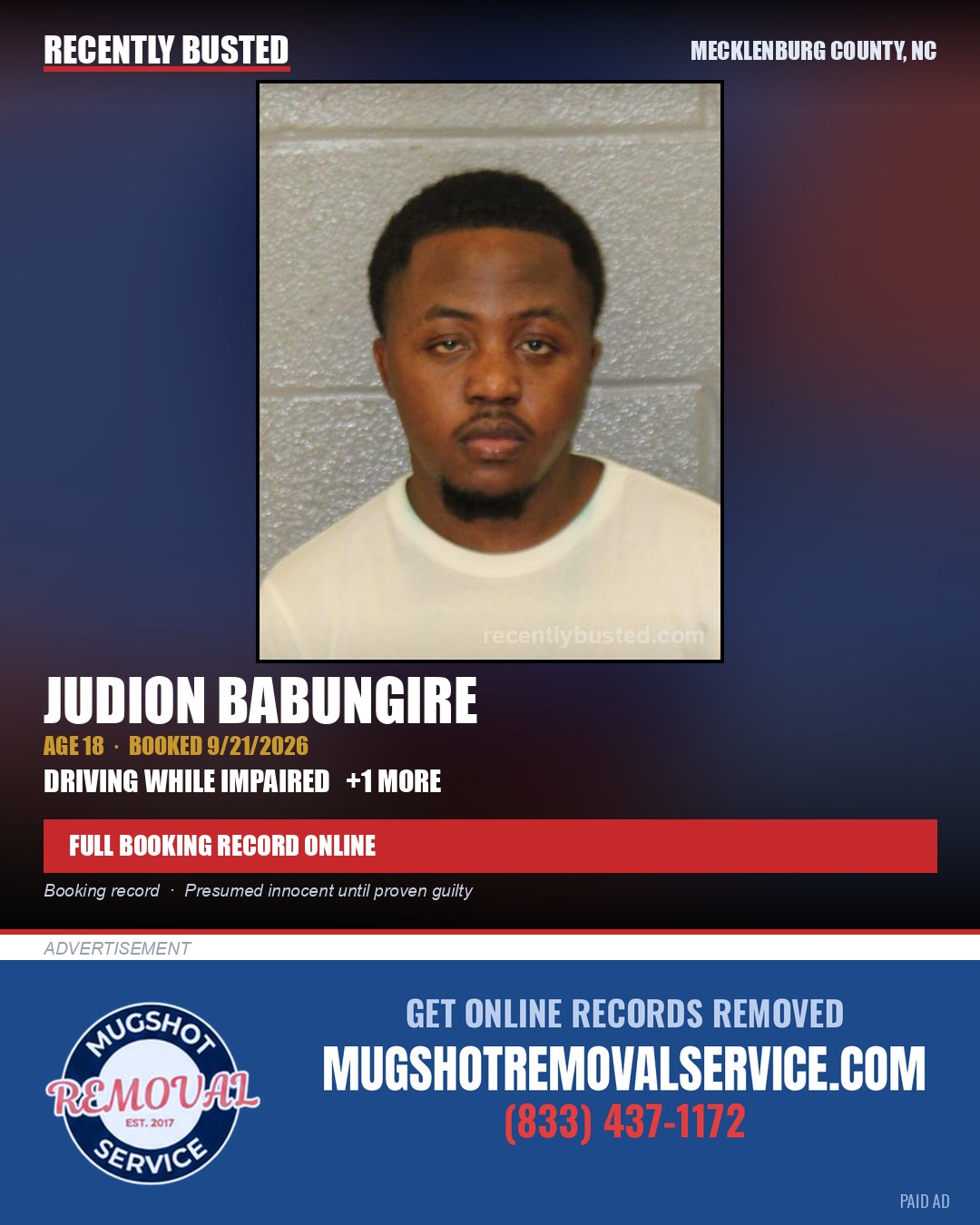 JUDION BABUNGIRE — arrest record card, Mecklenburg County, North Carolina