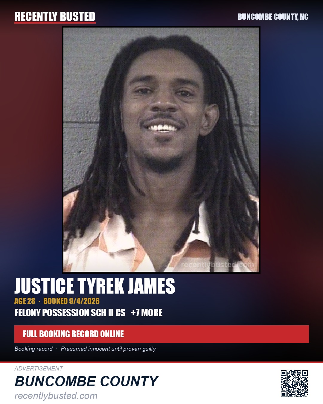 JUSTICE TYREK JAMES — arrest record card, Buncombe County, North Carolina