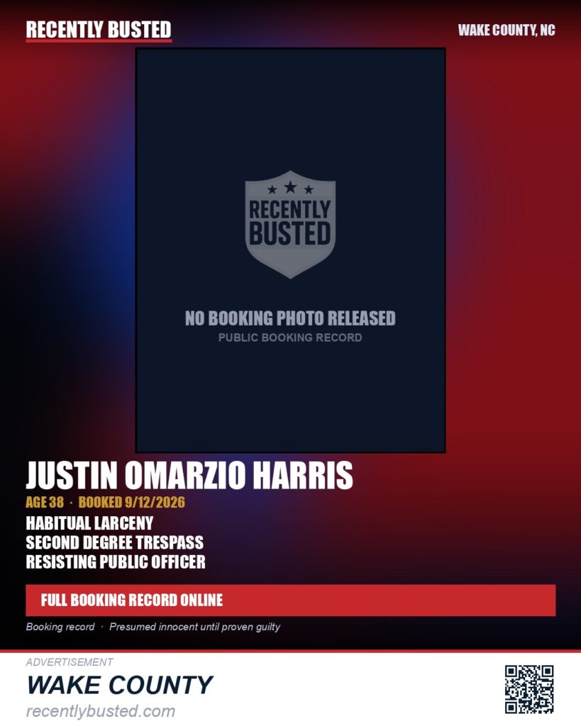 JUSTIN OMARZIO HARRIS — arrest record card, Wake County, North Carolina