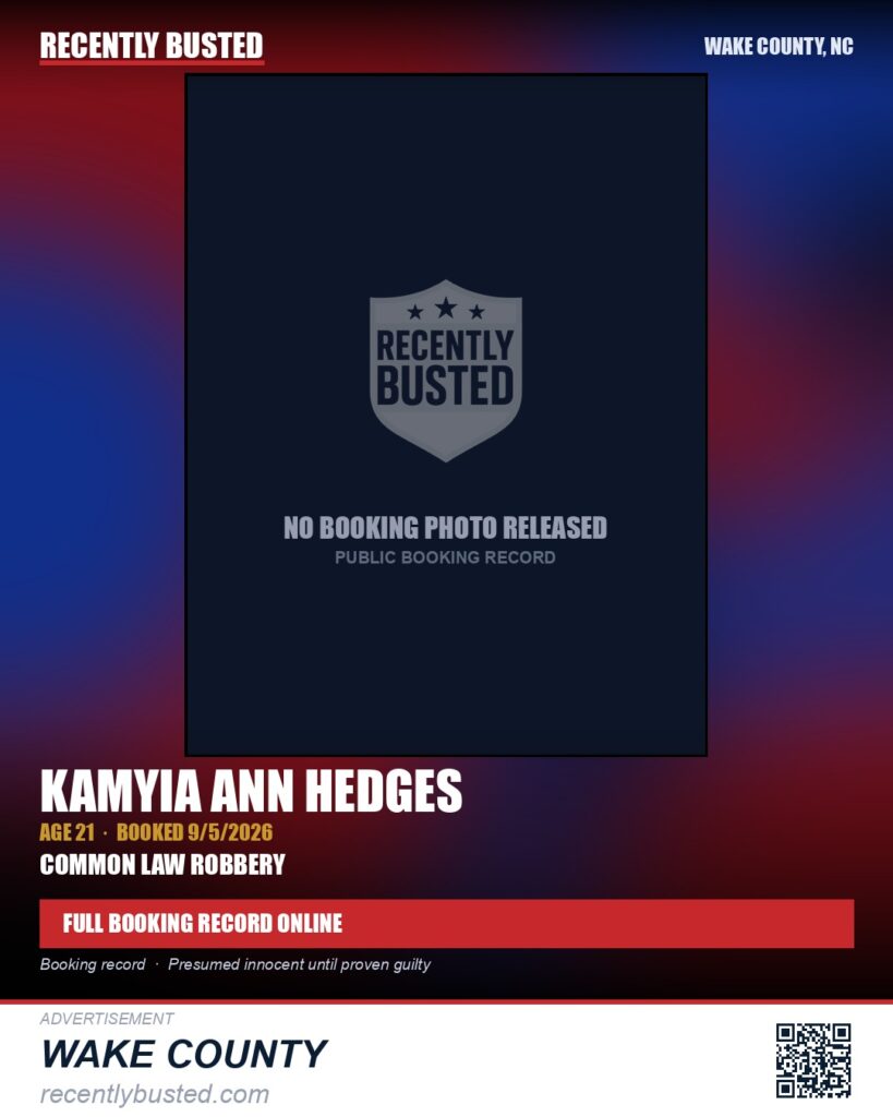 KAMYIA ANN HEDGES — arrest record card, Wake County, North Carolina