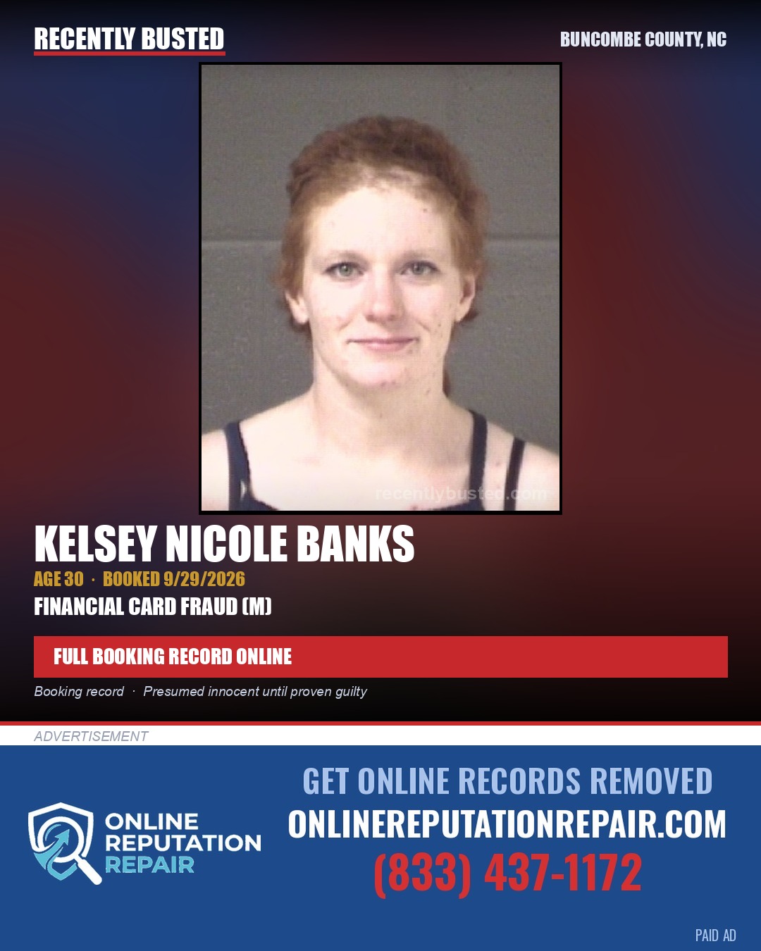 KELSEY NICOLE BANKS — arrest record card, Buncombe County, North Carolina