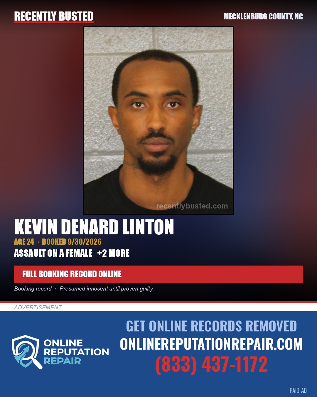 KEVIN DENARD LINTON — arrest record card, Mecklenburg County, North Carolina