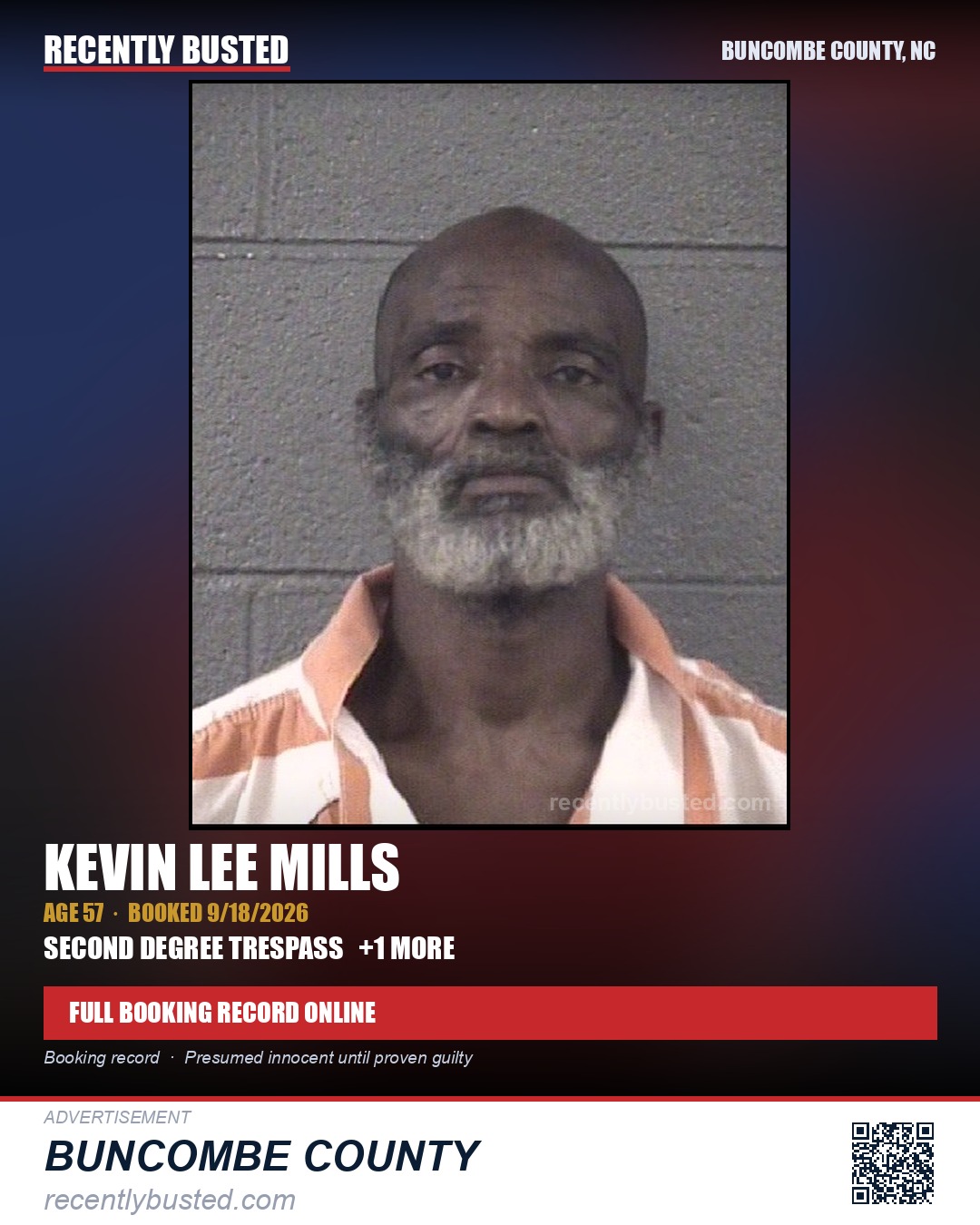 KEVIN LEE MILLS — arrest record card, Buncombe County, North Carolina