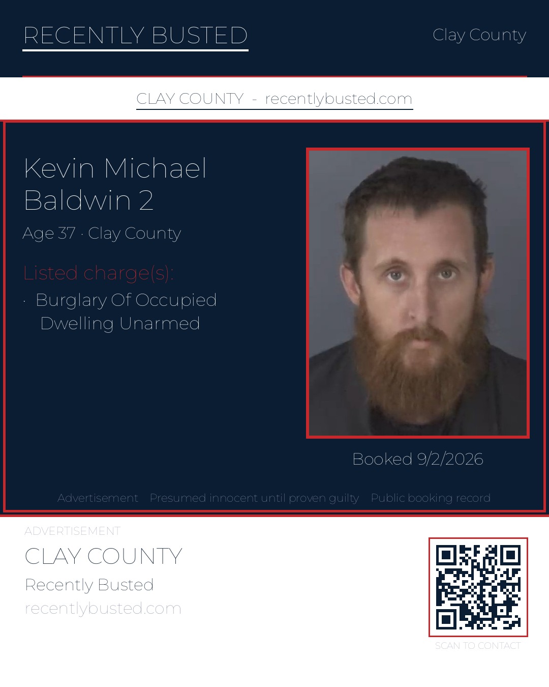 KEVIN MICHAEL BALDWIN 2 — arrest record card, Clay County, Florida