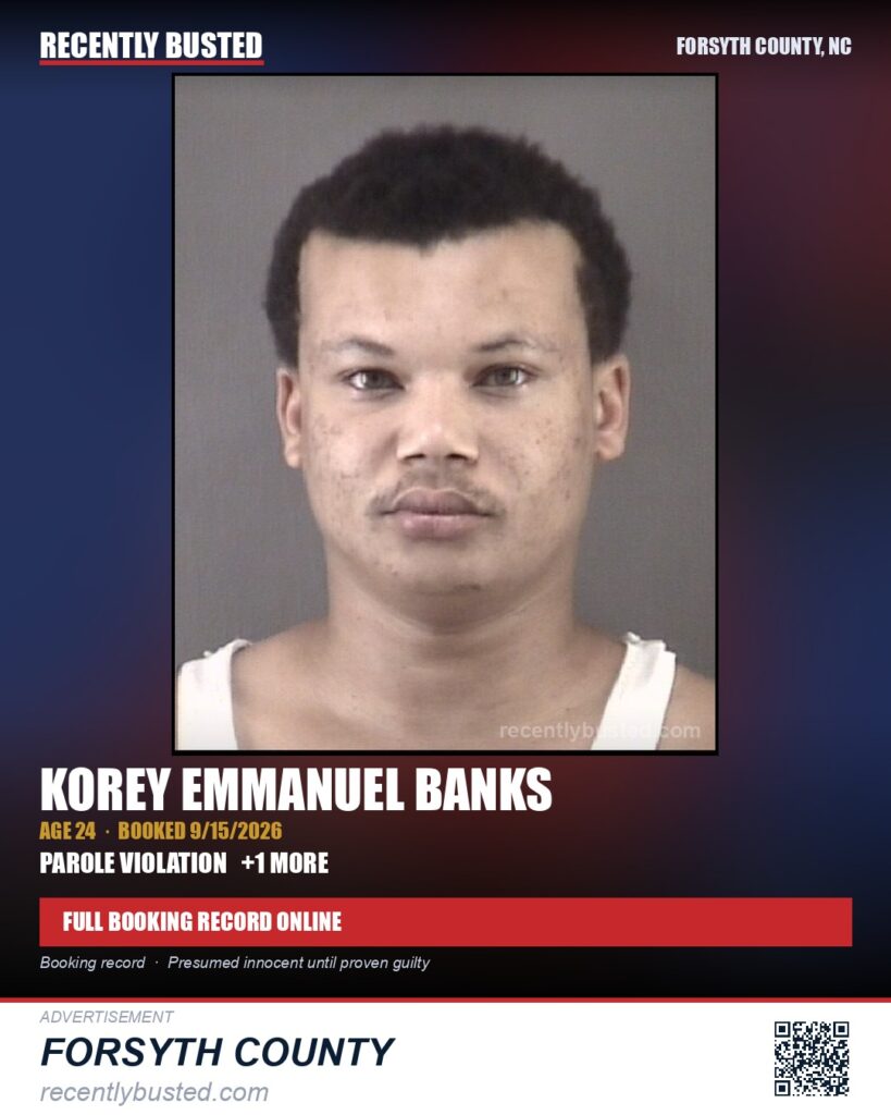 KOREY EMMANUEL BANKS — arrest record card, Forsyth County, North Carolina
