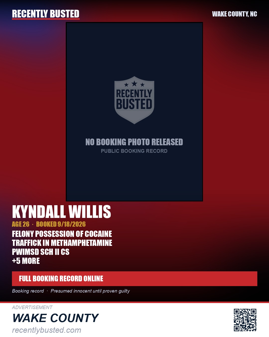 KYNDALL WILLIS — arrest record card, Wake County, North Carolina