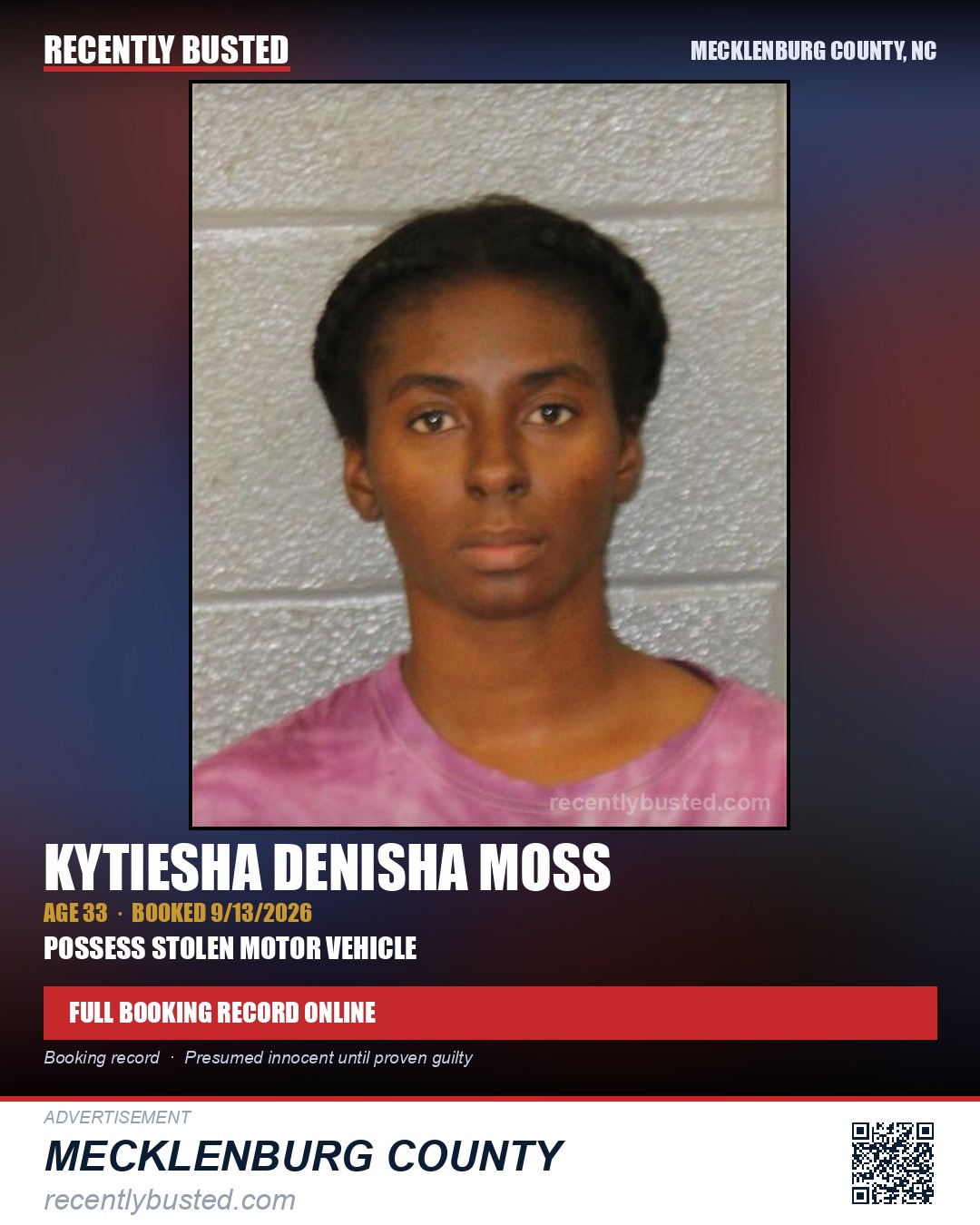 KYTIESHA DENISHA MOSS — arrest record card, Mecklenburg County, North Carolina