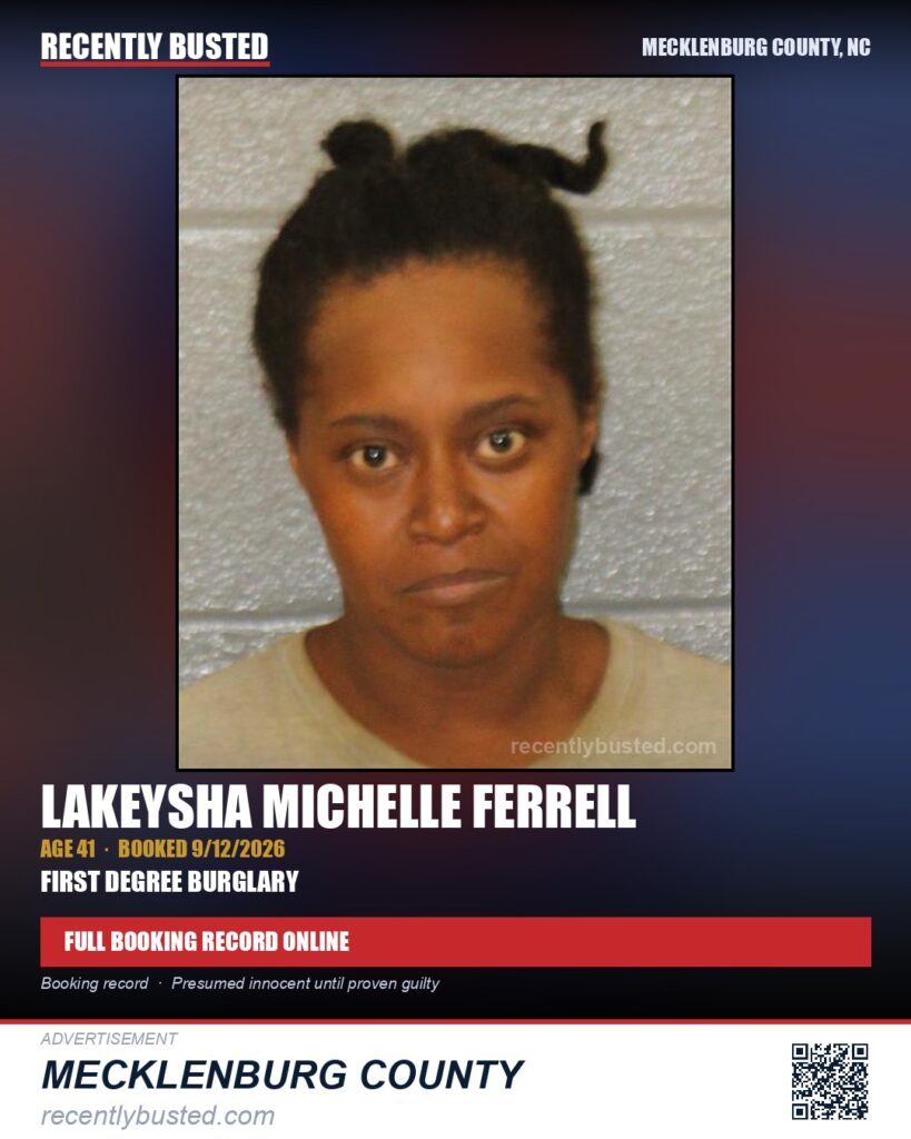 LAKEYSHA MICHELLE FERRELL — arrest record card, Mecklenburg County, North Carolina