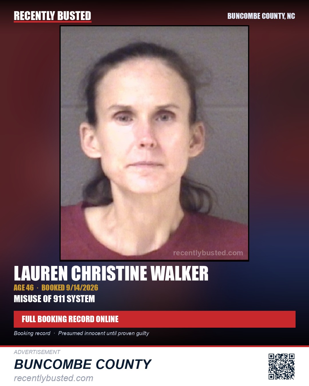 LAUREN CHRISTINE WALKER — arrest record card, Buncombe County, North Carolina