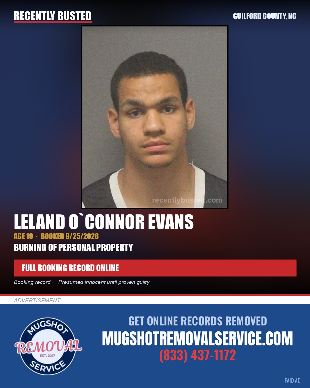LELAND O`CONNOR EVANS — arrest record card, Guilford County, North Carolina