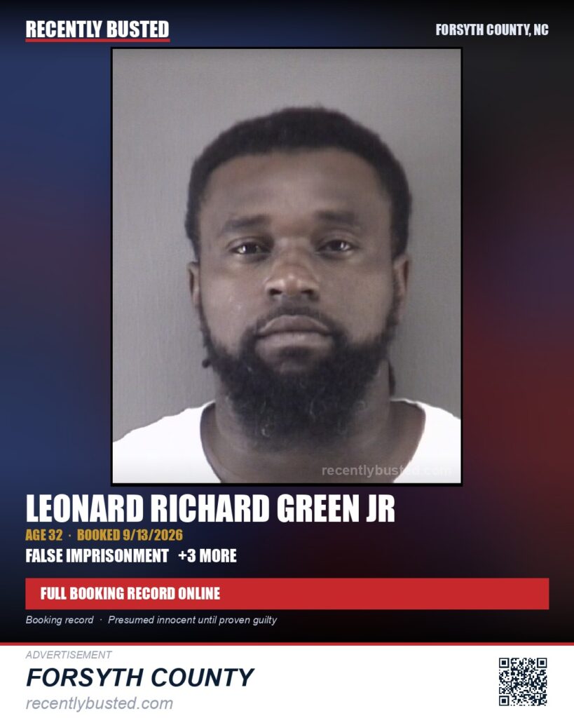 LEONARD RICHARD GREEN JR — arrest record card, Forsyth County, North Carolina