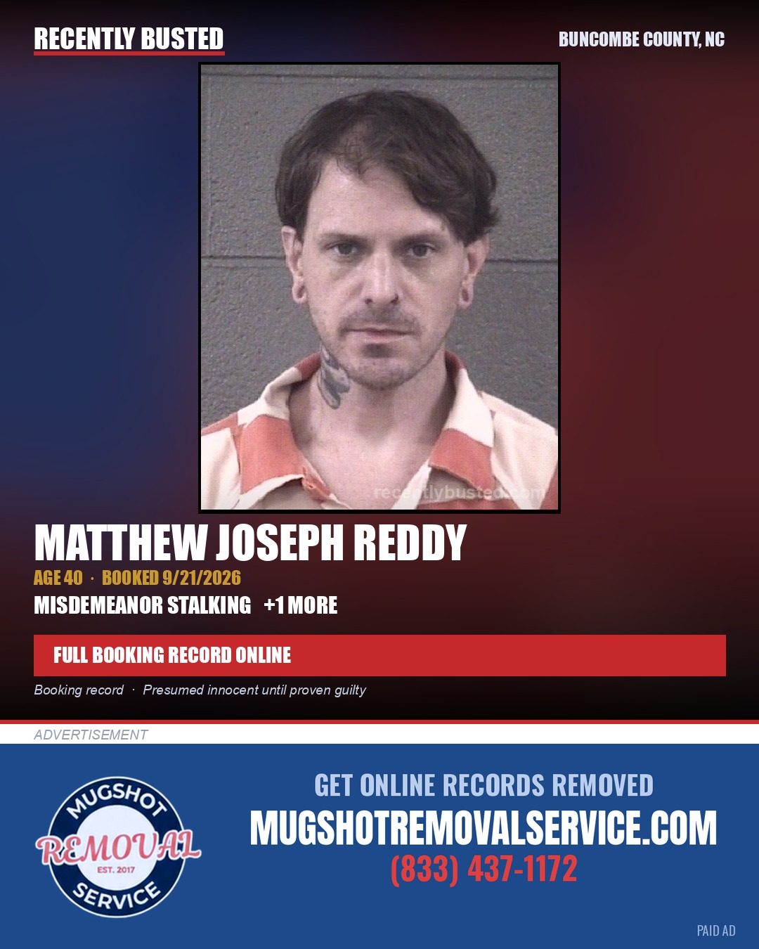 MATTHEW JOSEPH REDDY — arrest record card, Buncombe County, North Carolina