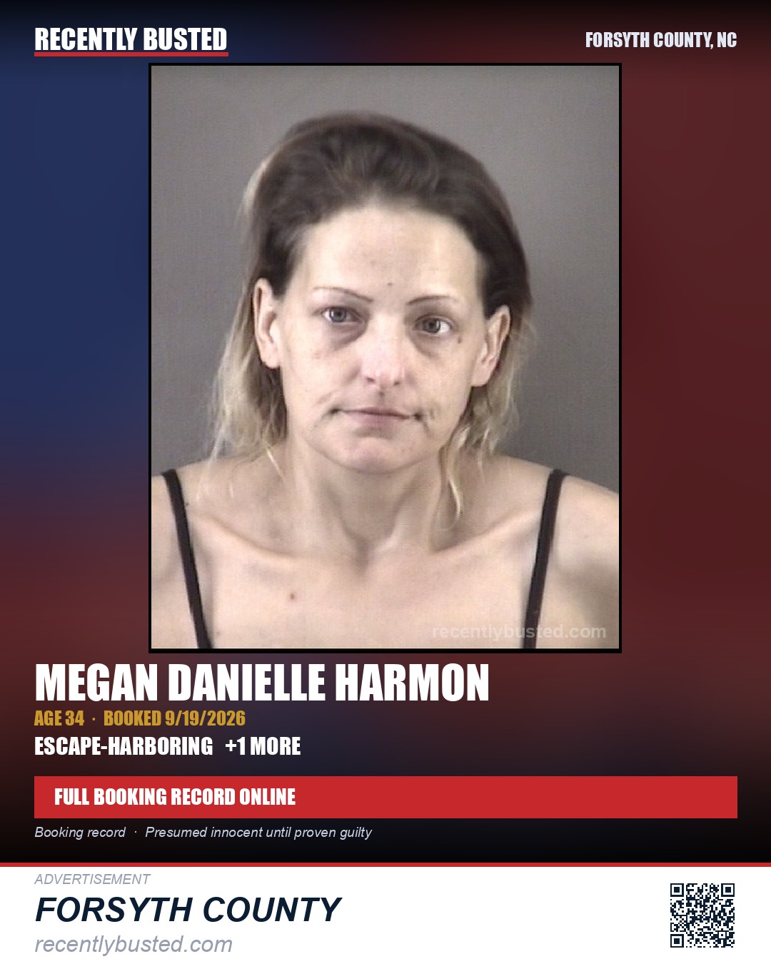 MEGAN DANIELLE HARMON — arrest record card, Forsyth County, North Carolina