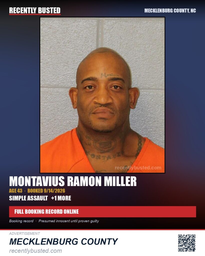 MONTAVIUS RAMON MILLER — arrest record card, Mecklenburg County, North Carolina