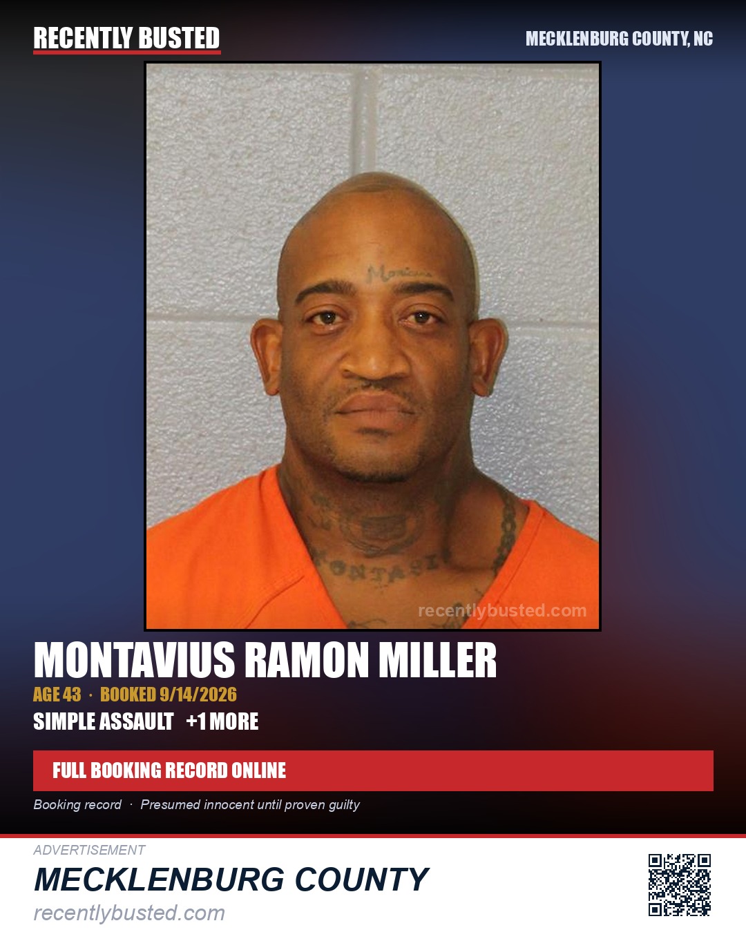 MONTAVIUS RAMON MILLER — arrest record card, Mecklenburg County, North Carolina