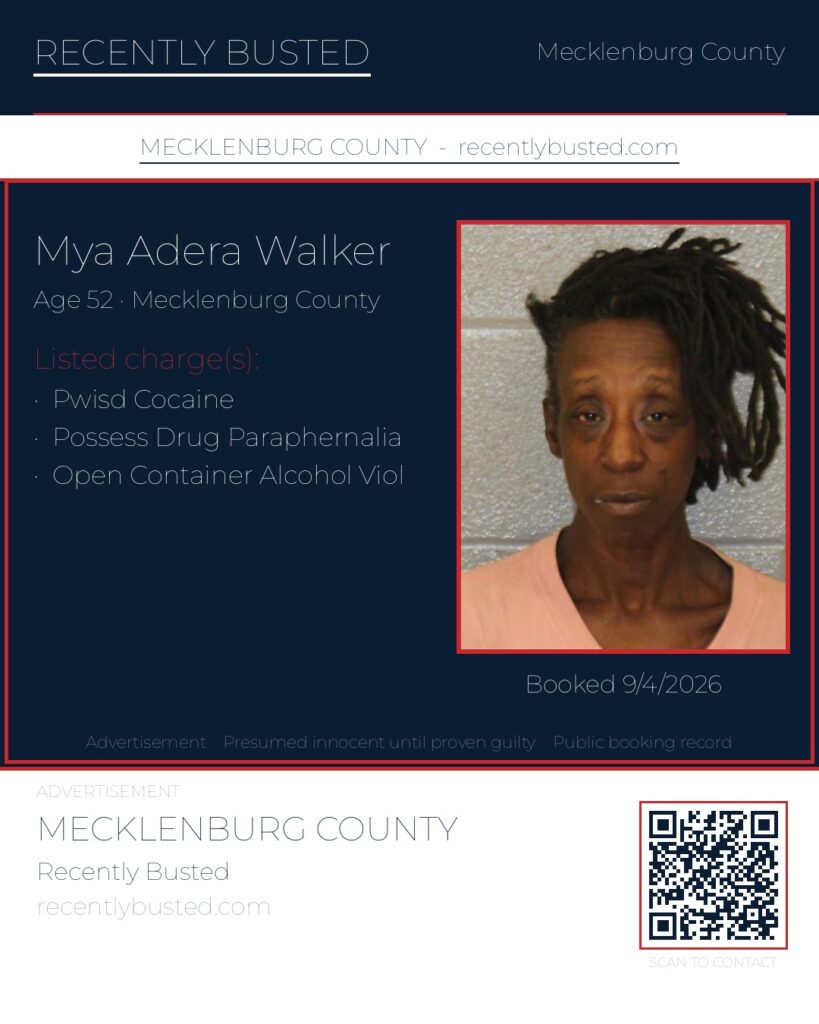 MYA ADERA WALKER — arrest record card, Mecklenburg County, North Carolina
