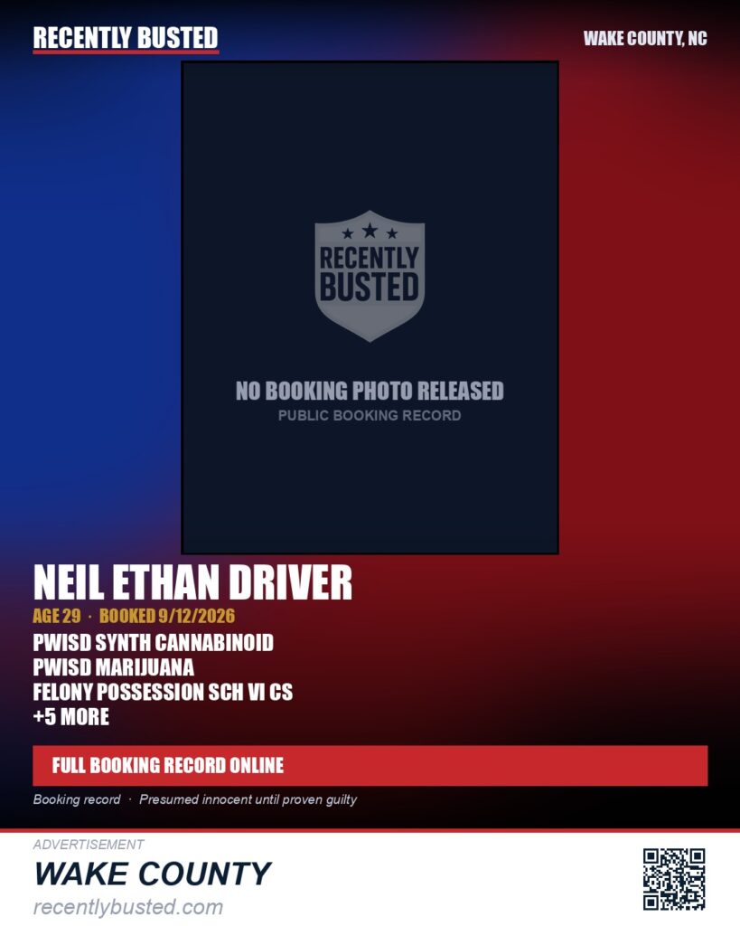 NEIL ETHAN DRIVER — arrest record card, Wake County, North Carolina