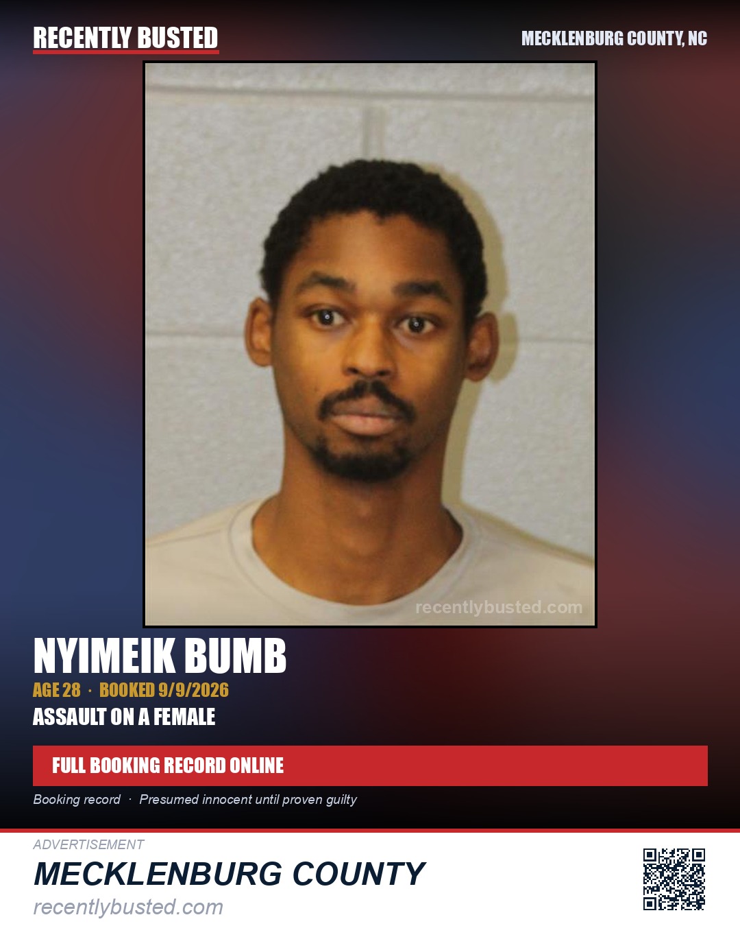 NYIMEIK BUMB — arrest record card, Mecklenburg County, North Carolina
