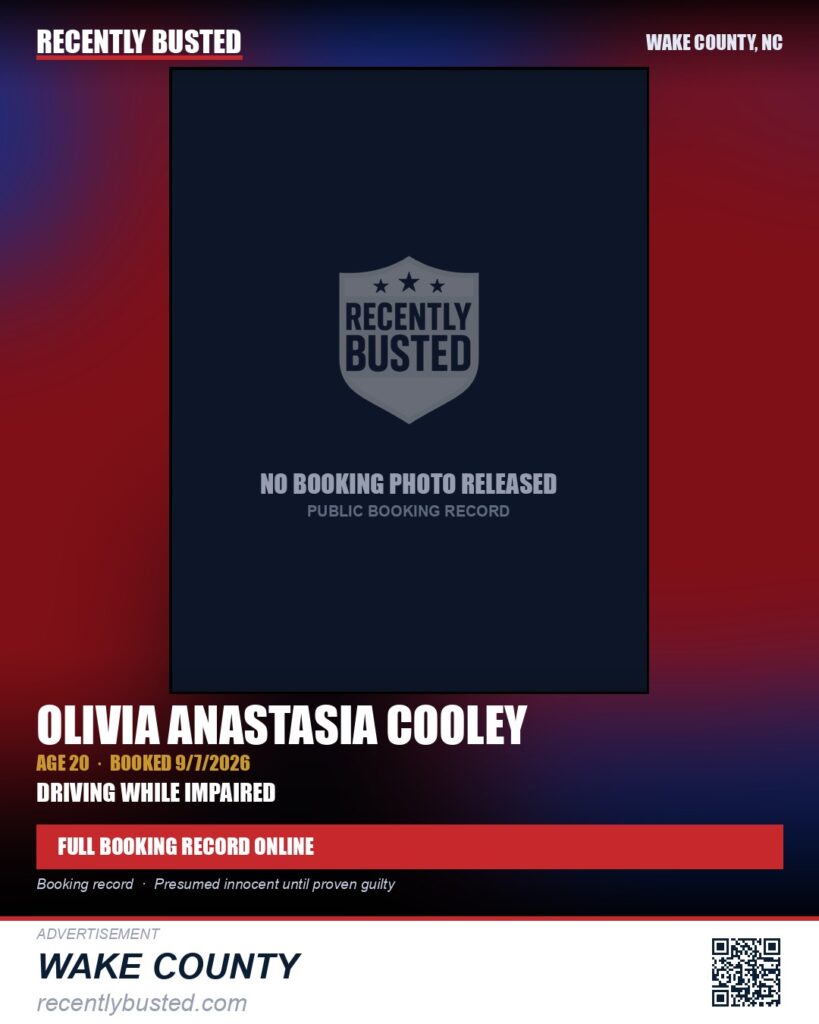 OLIVIA ANASTASIA COOLEY — arrest record card, Wake County, North Carolina