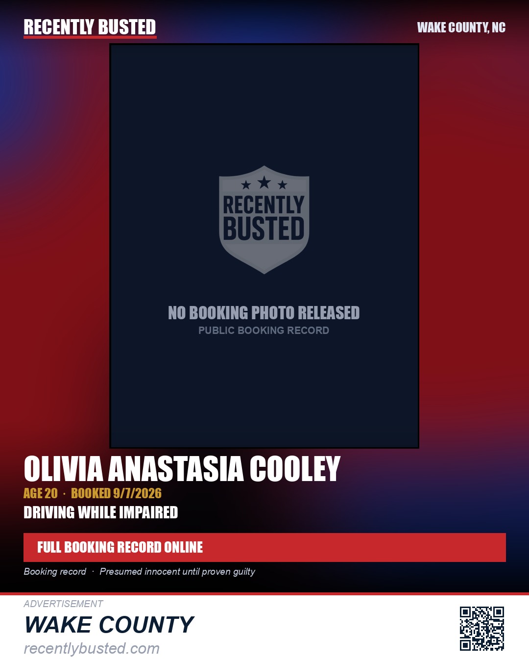 OLIVIA ANASTASIA COOLEY — arrest record card, Wake County, North Carolina