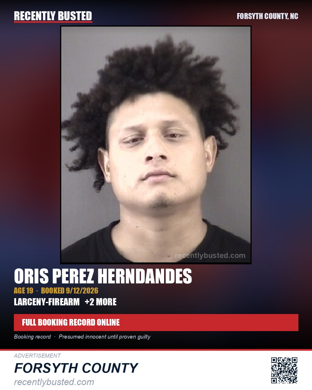 ORIS PEREZ HERNDANDES — arrest record card, Forsyth County, North Carolina