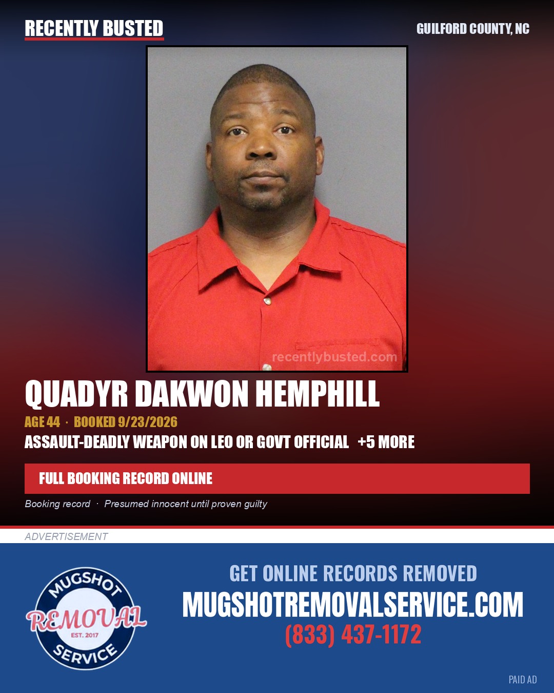 QUADYR DAKWON HEMPHILL — arrest record card, Guilford County, North Carolina
