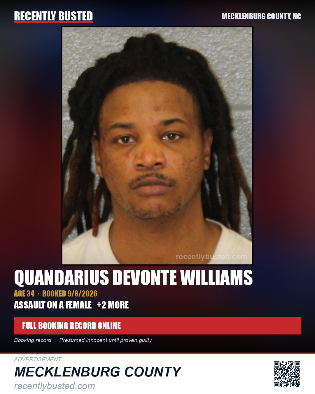 QUANDARIUS DEVONTE WILLIAMS — arrest record card, Mecklenburg County, North Carolina