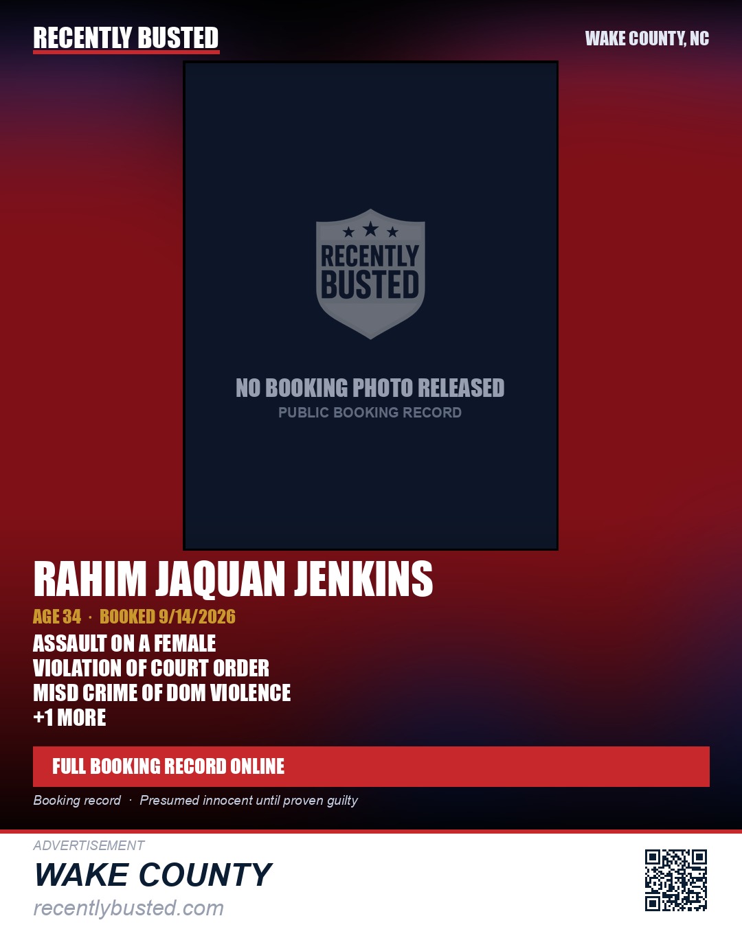 RAHIM JAQUAN JENKINS — arrest record card, Wake County, North Carolina