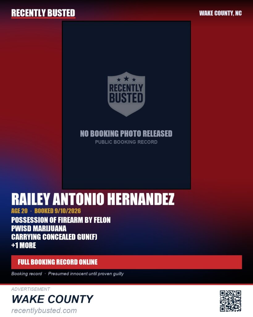 RAILEY ANTONIO HERNANDEZ — arrest record card, Wake County, North Carolina